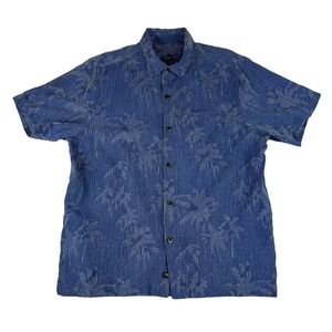 Tommy Bahama Hawaiian Shirt 100% Silk Size Large Floral Button Palm Trees Blue